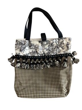 Black & Cream Patterned Renaissance Style Cottagecore Regency Tassel Tote Bag